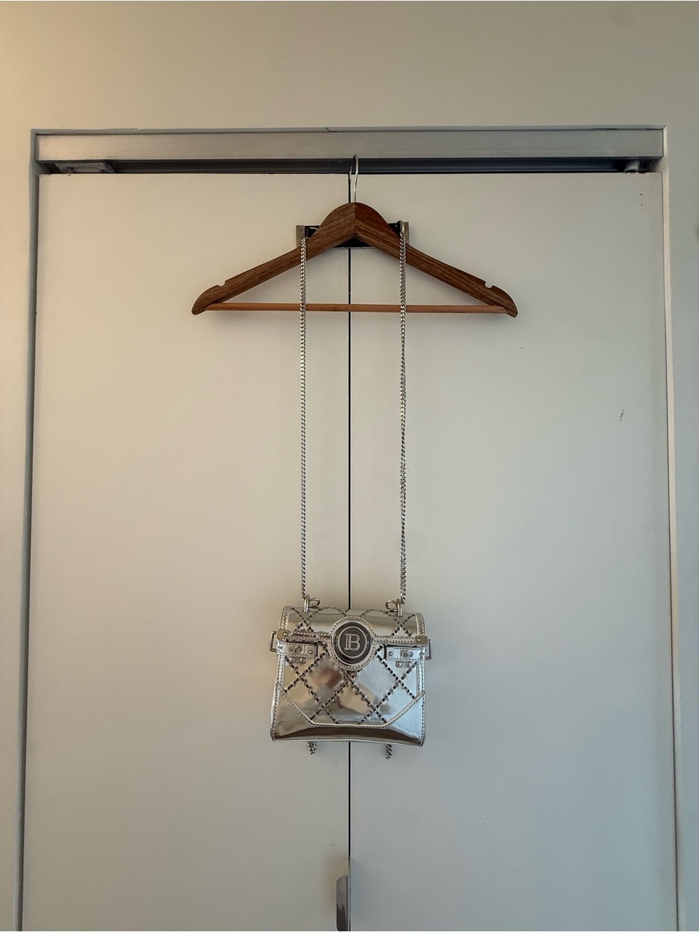 Balmain Silver Metallic Quilted Chain Crossbody - Picture 6 of 13